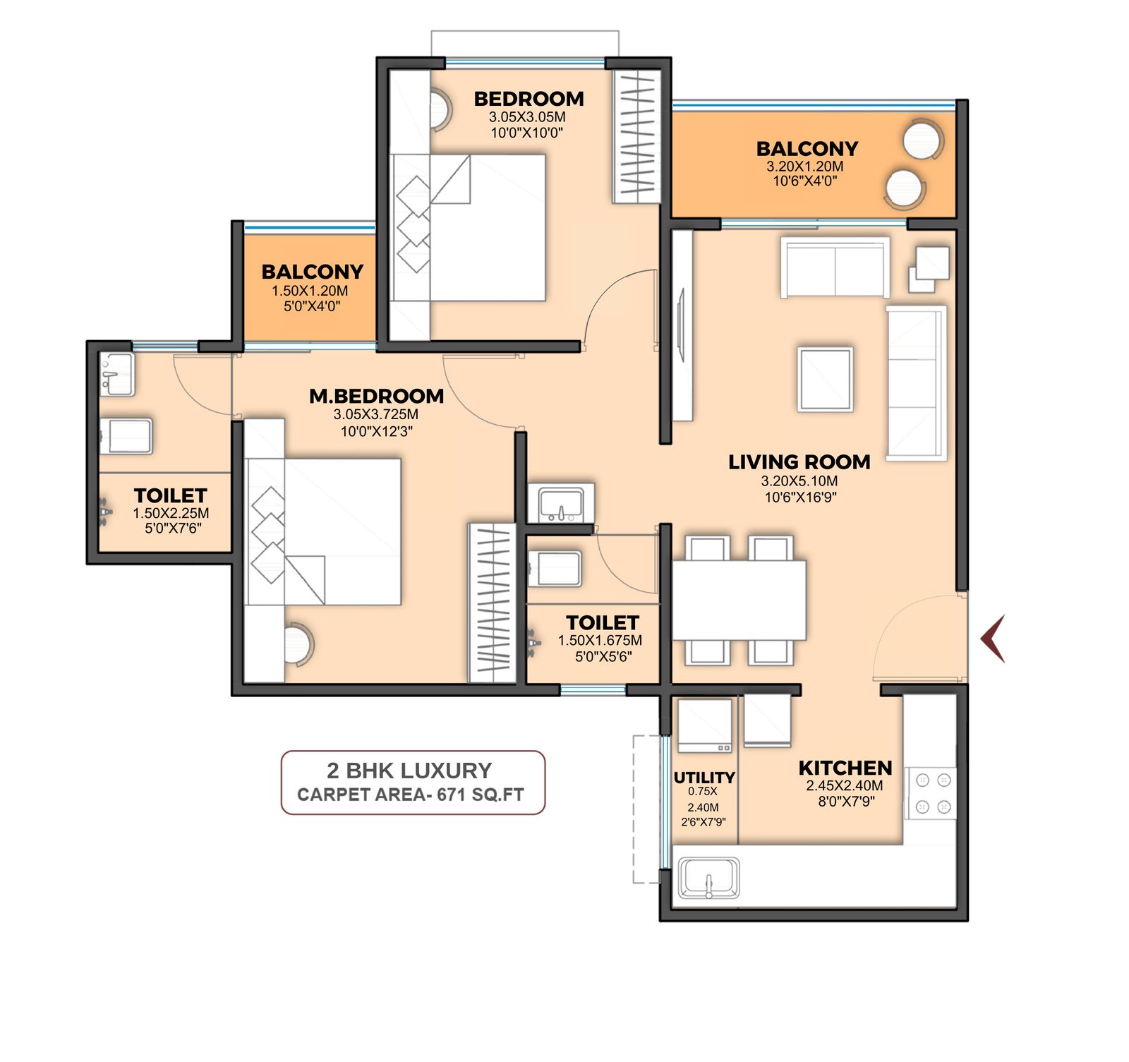 2 BHK Luxury floor plan