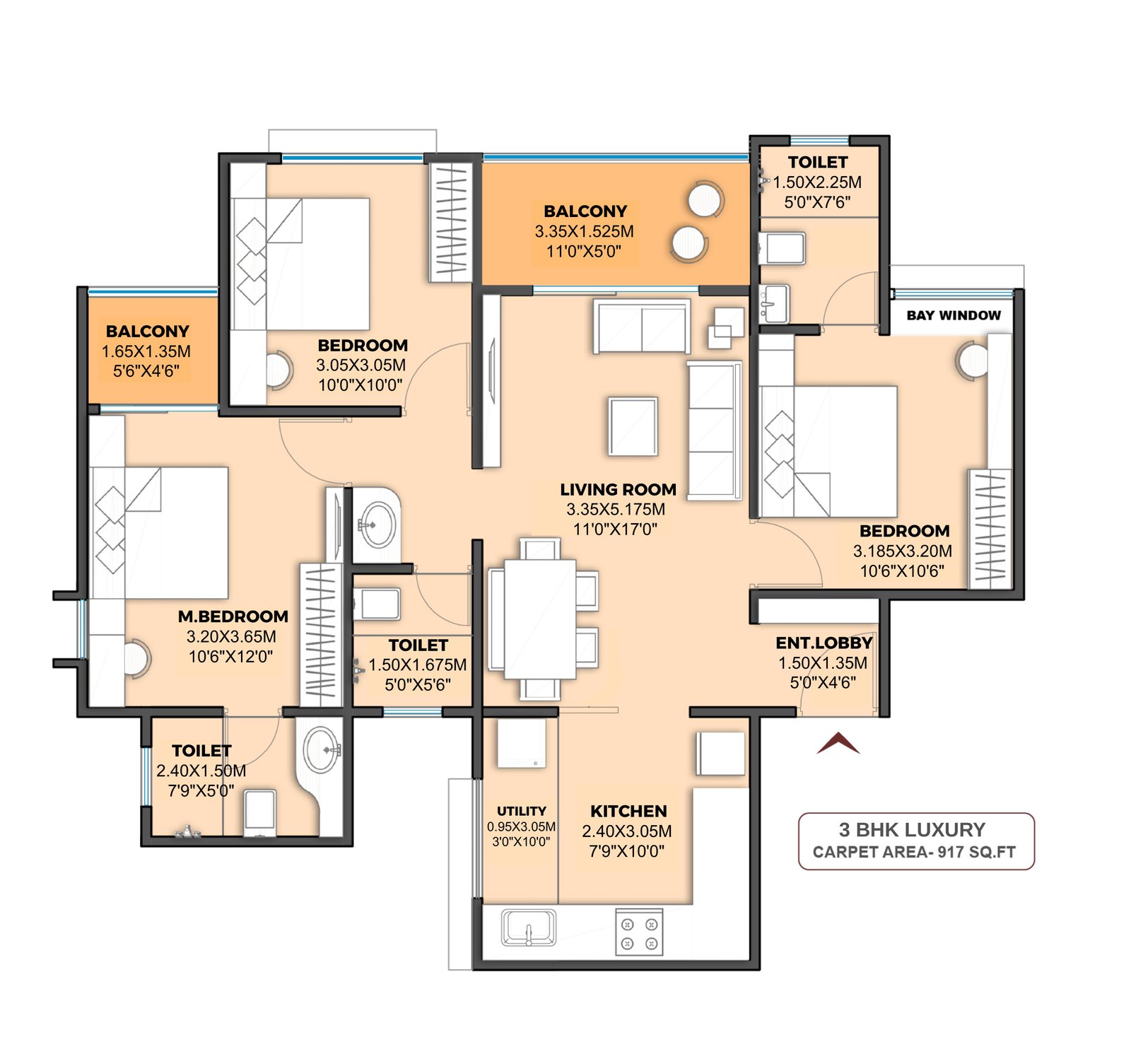 3 BHK Luxury floor plan