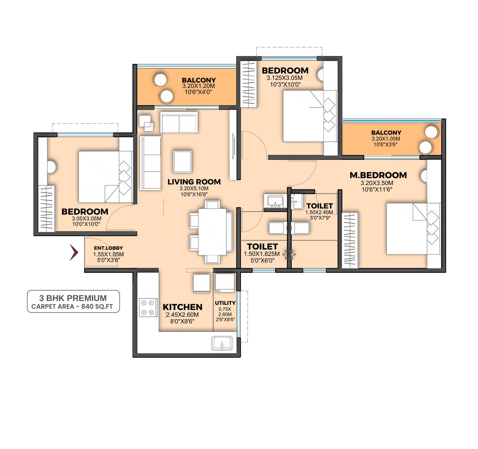 3 BHK Premium floor plan
